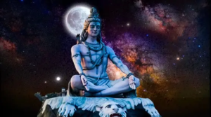 A serene image of Lord Shiva seated in meditation posture, bathed in the light of a full moon.