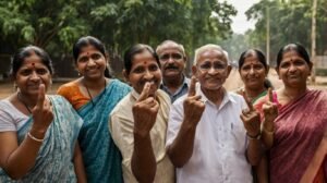 Diverse group of Indian voters displaying their inked fingers after voting, symbolizing civic duty and participation in Election 2024.