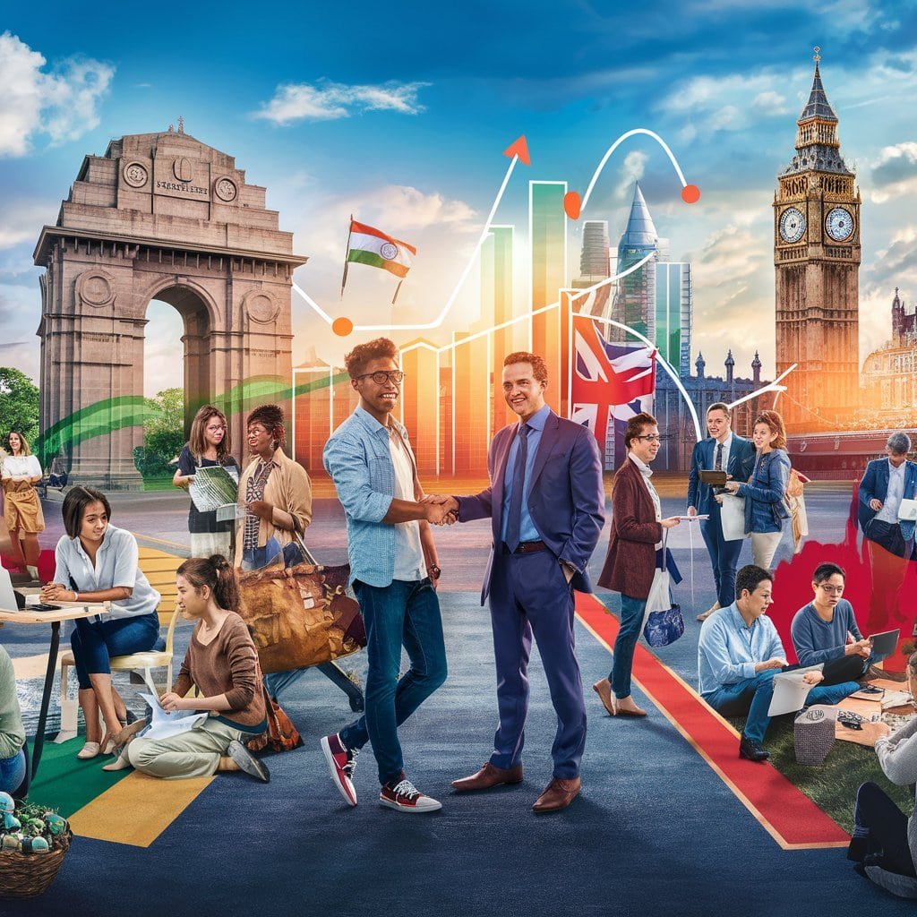 Image depicting a vibrant collaboration between India and the United Kingdom, featuring landmarks like the India Gate and Big Ben. Diverse professionals and students are shown studying, working, and in meetings, representing sectors such as textiles, technology, and healthcare. Optimistic colors and graphics showing upward trends and job growth statistics emphasize international job market integration.